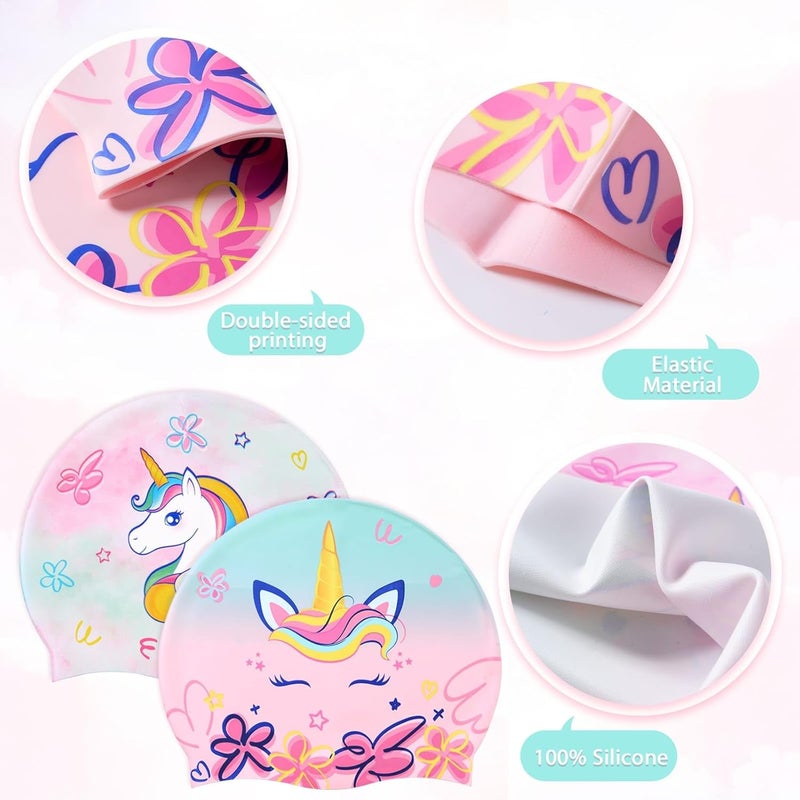 WAWSAM 2 Pack Kids Swim Cap Silicone Waterproof Swim Caps for Boys Girls (3-8 Years) Unicorn Mermaid Design Swimming Cap for Kids 3-8 Long and Short Hair - Image 5